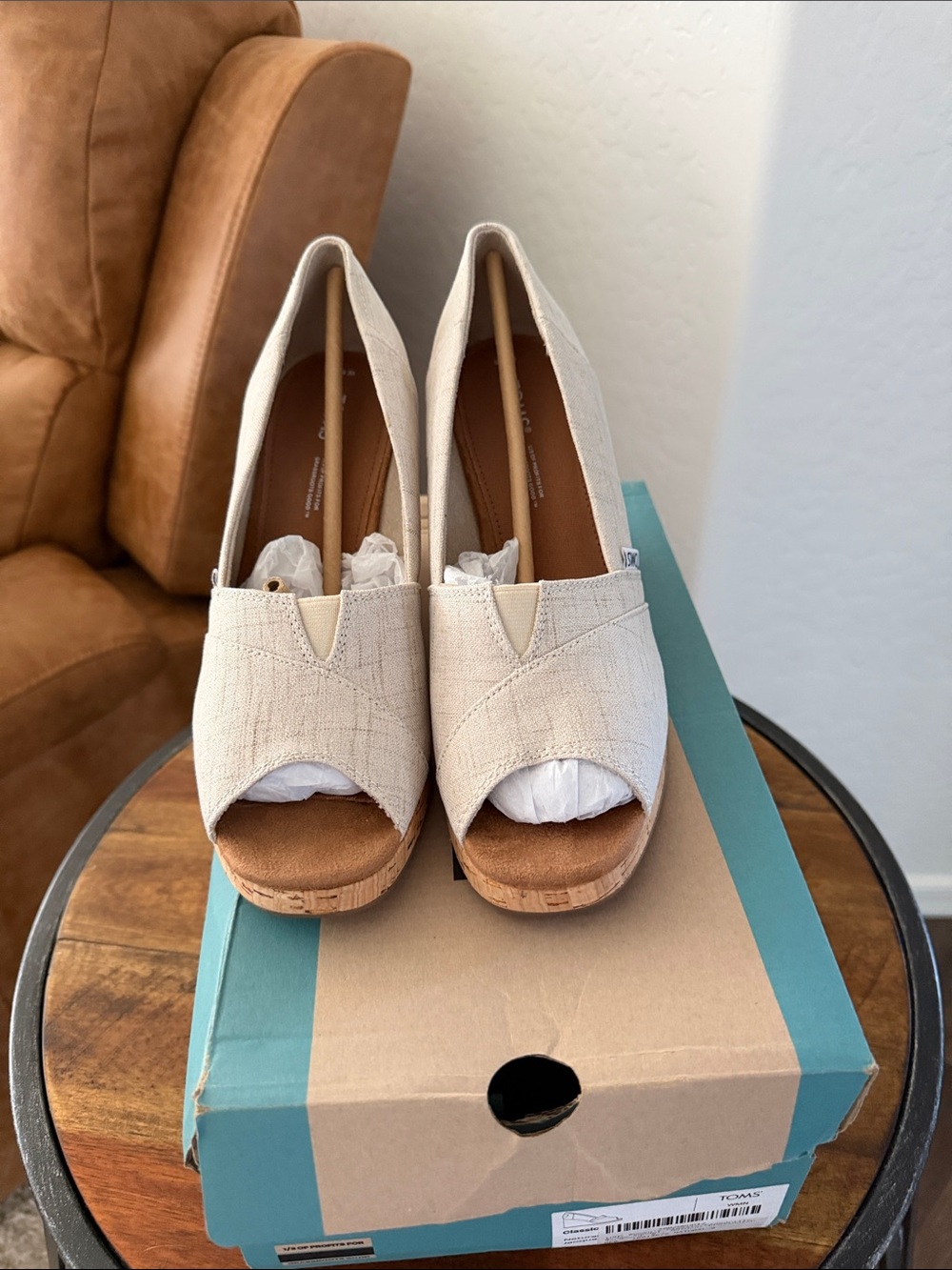 NIB-TOMS Beige Linen Cork Wedge Peep-Toe Espadrilles - Picture 2 of 4